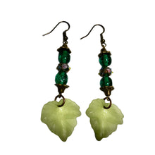 Load image into Gallery viewer, Handmade by Rose Green Leaf Vintage Glass Haskell and Venetian Wedding Cake Floral Beaded Brass Tone Dangle Earrings
