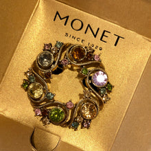 Load image into Gallery viewer, Vintage 1980’s Eighties Deadstock Gold Tone Wreath Circle Pastel Rhinestone Monet Brooch
