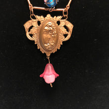 Load image into Gallery viewer, Handmade by Rose Art Nouveau Style Lady Pendant Copper Necklace Pink Haskell Blue Venetian Floral Beads
