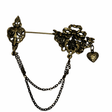 Load image into Gallery viewer, Vintage Jewelry Antiquated Victorian Revival Style Floral Heart Bow Chain Brass tone Stick Pin Brooch
