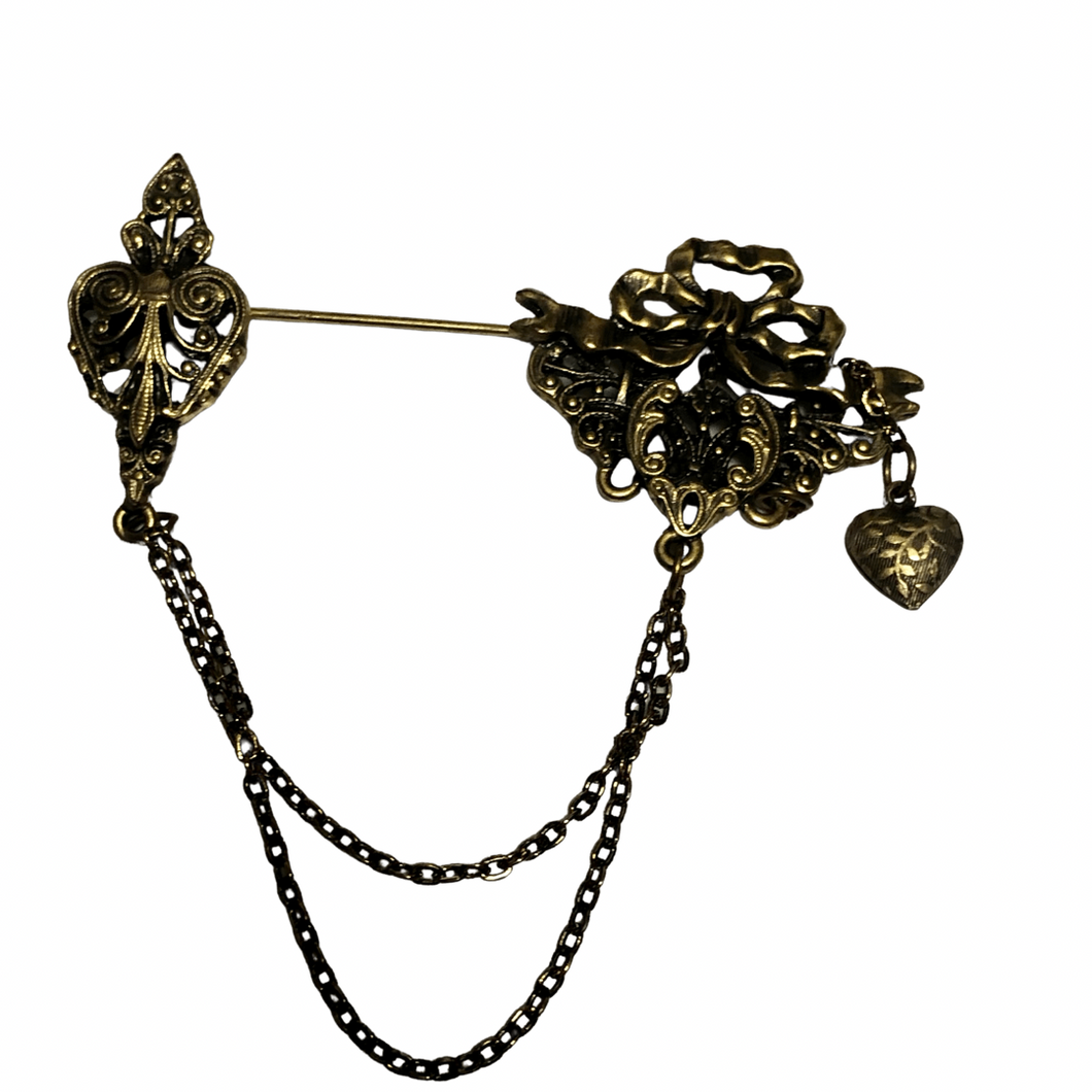 Vintage Jewelry Antiquated Victorian Revival Style Floral Heart Bow Chain Brass tone Stick Pin Brooch