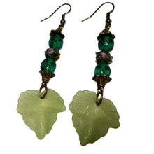 Load image into Gallery viewer, Handmade by Rose Green Leaf Vintage Glass Haskell and Venetian Wedding Cake Floral Beaded Brass Tone Dangle Earrings
