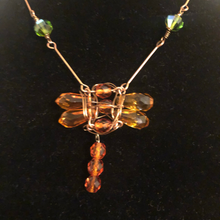 Load image into Gallery viewer, Handmade by Rose, Antique Style Orange Green Beaded Crystal Dragonfly Copper Necklace
