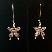 Load image into Gallery viewer, Handmade by Rose, Silver Tone Filigree Long Dangle Butterfly Pendant Earrings
