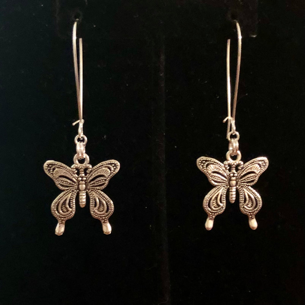 Handmade by Rose, Silver Tone Filigree Long Dangle Butterfly Pendant Earrings