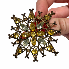 Load image into Gallery viewer, Vintage Jewelry Brass Tone Filigree Openwork Yellow Rhinestone Floral Flower Brooch Pin
