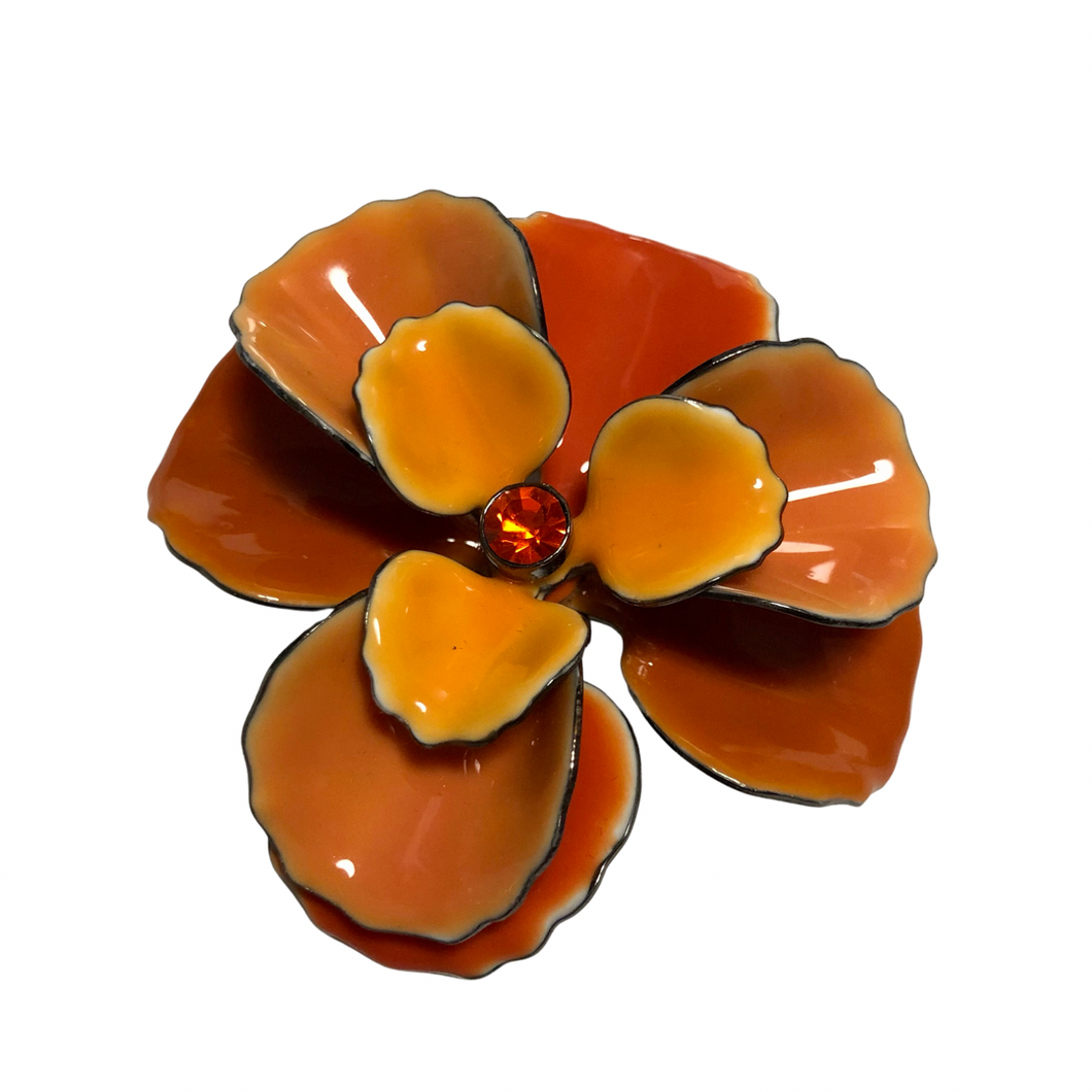 Vintage Jewelry 3D Enamel Mod Boho Metal Ombre Orange Rhinestone Flower Brooch Pin