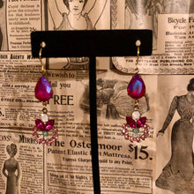 Load image into Gallery viewer, Handmade by Rose, Vintage Dark Pink Teardrop Gem Austrian Crystal Rhinestone Rose Water Opal Floral Dangle Earrings
