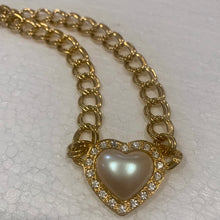 Load image into Gallery viewer, Vintage Jewelry Signed Avon Gold Tone Double Link Chain Pearl Heart Cabochon Pendant Necklace
