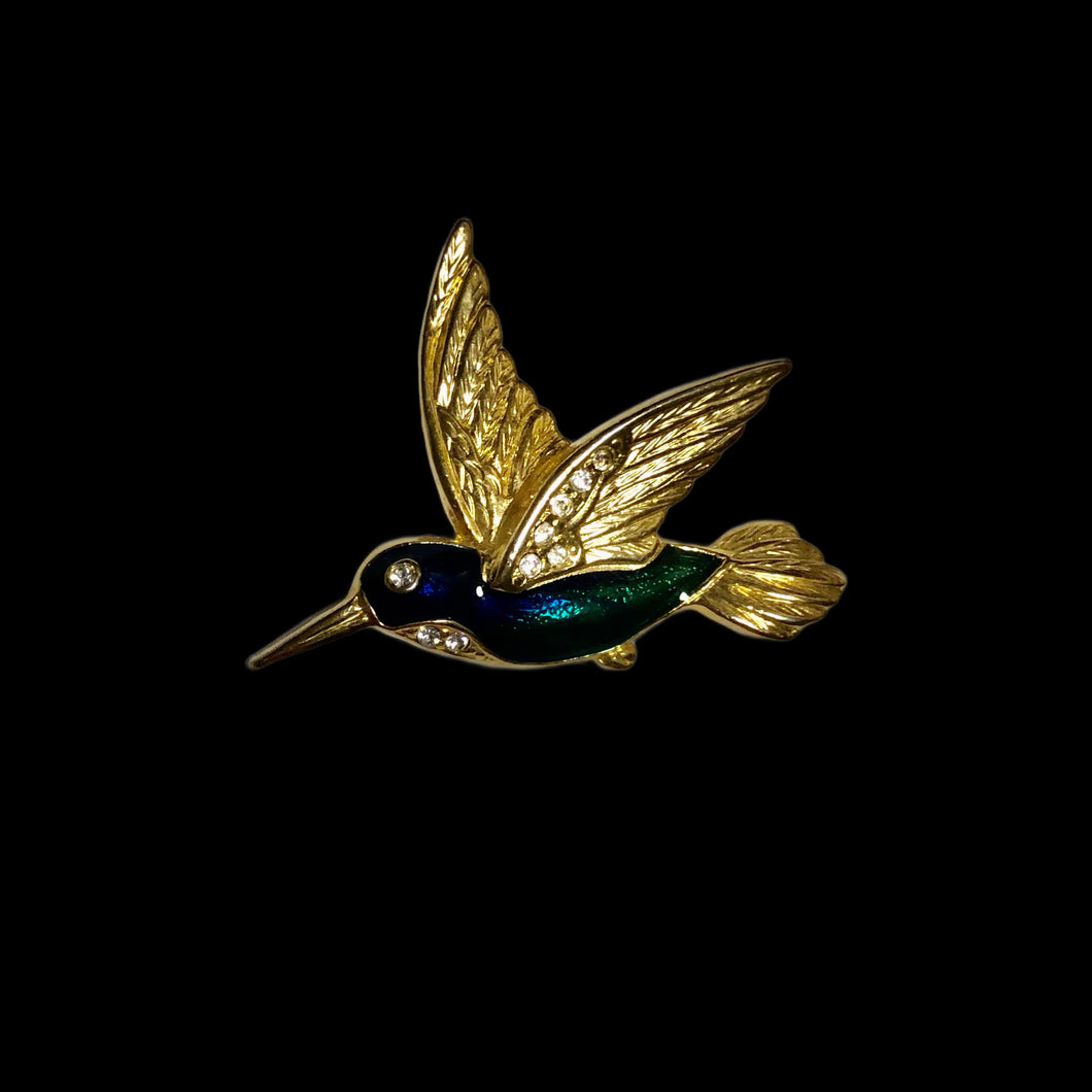 Vintage Jewelry Blue and Green Sparkling Enamel Rhinestone Hummingbird Gold Bird Brooch Pin