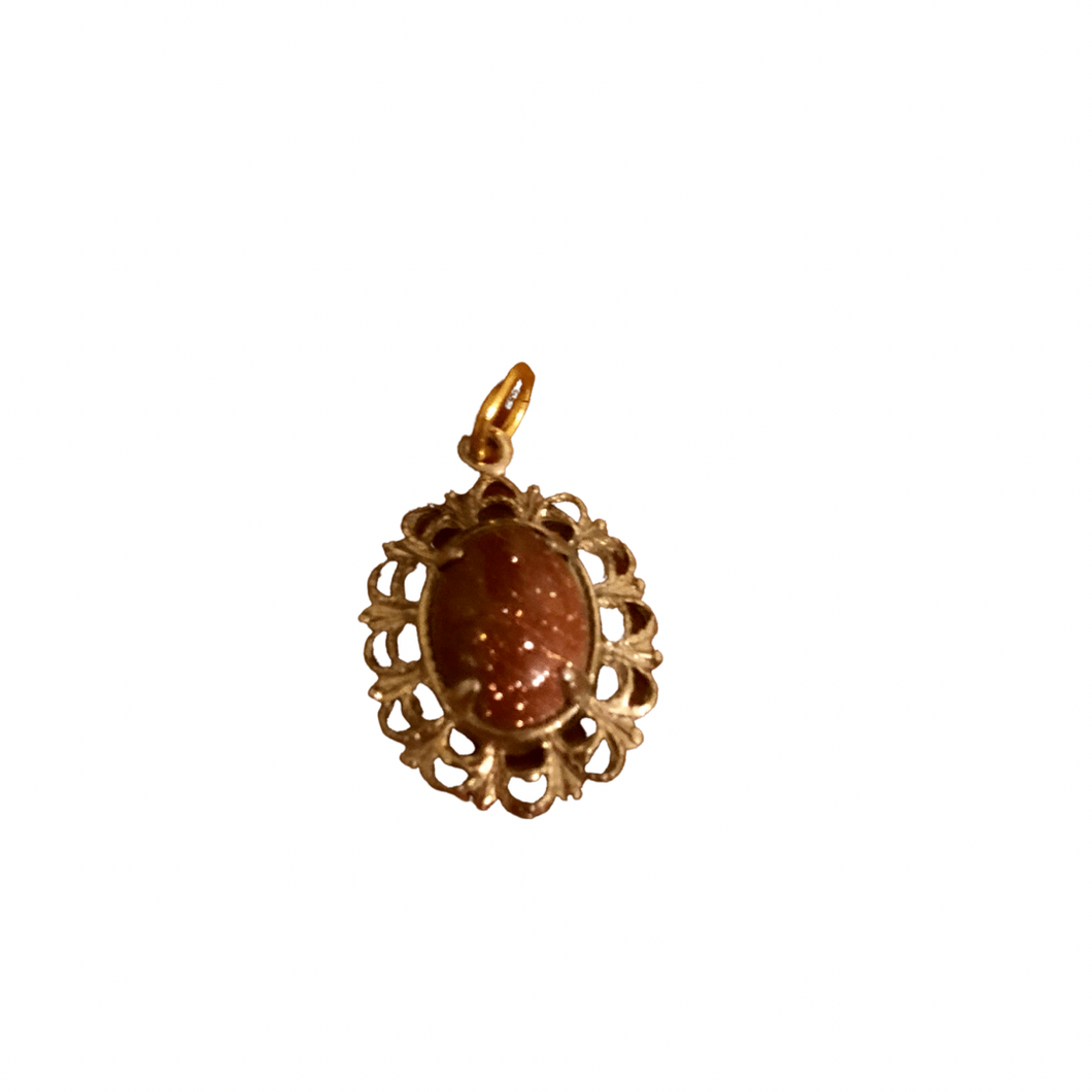 Vintage Jewelry Small Gold Openwork Filigree Burnt Orange Glitter Gemstone Necklace Pendant